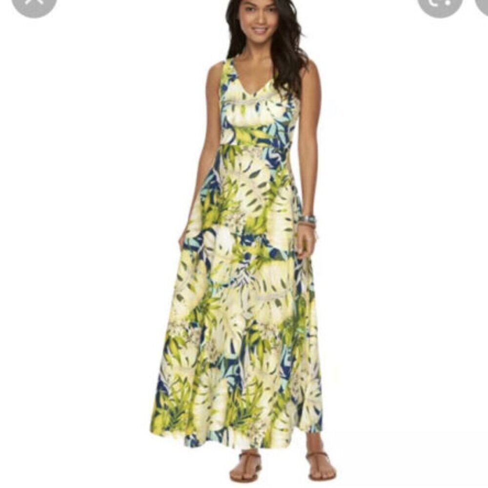 NWOT Champs Tropical Palm Print V Neck Cotton Midi‎ Dress Size XL